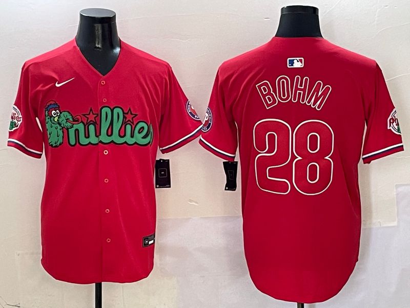 Men Philadelphia Phillies 28 Bohm Red three generations Joint Name 2025 Nike MLB Jersey style 1
